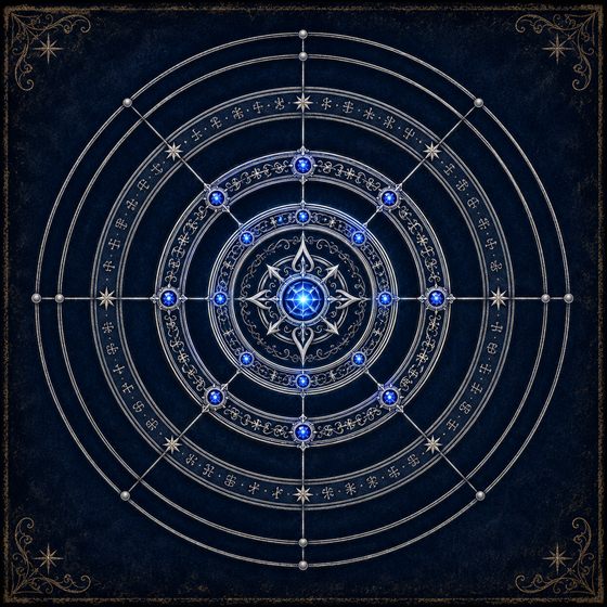 L'emblème de l'Ordre d'Enial : cercles d'argent concentriques autour d'un noyau de saphir